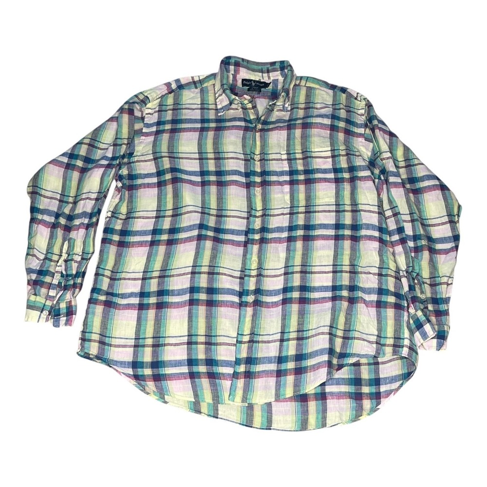 Vintage‎ Ralph Lauren 100% Linen Green Plaid Button Down Blake Shirt Men's XL